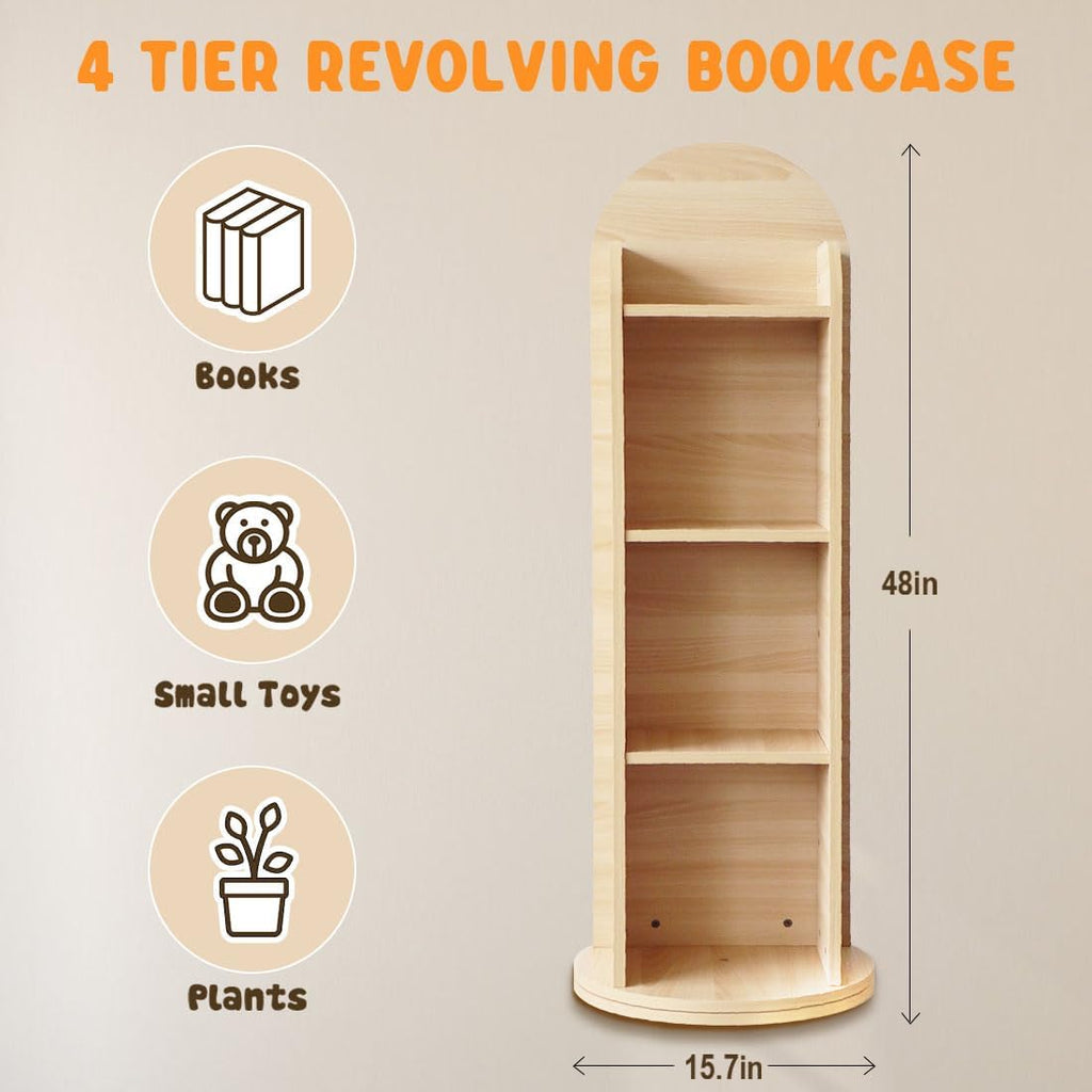 DELEMODUO Kids Rotating Bookshelf with Mirror, 48inch Wood Stading Floor Bookshelf for Small Space, 4 Tier Floor Standing Bookcase Storage Rack for Bedroom, Living Room, Study Room