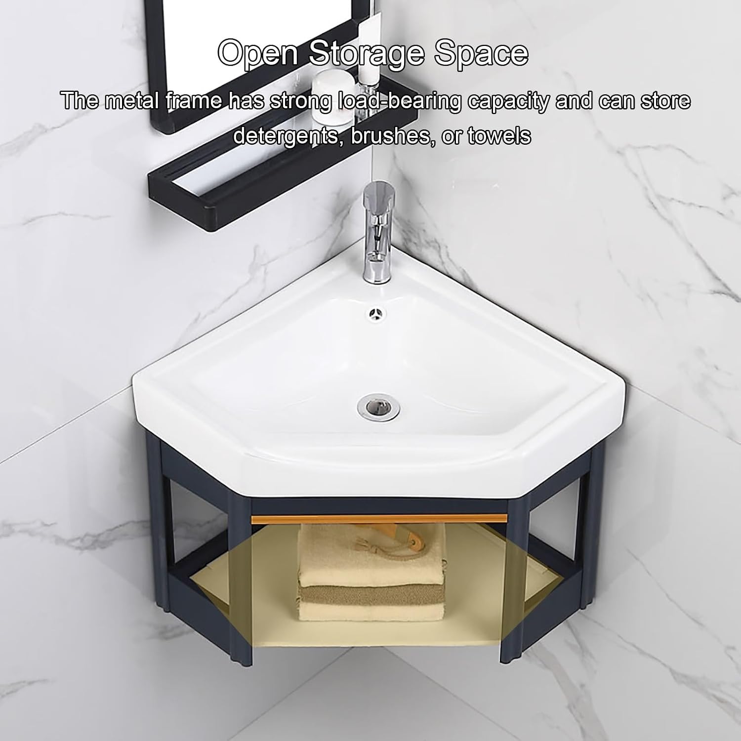 Small Wall Mount Corner Sink with Storage Shelf, Ceramic Bathroom Basin Sink with Bracket and Drain Kit, for Home Kitchen Patio Laundry Room(42x42x45cm)