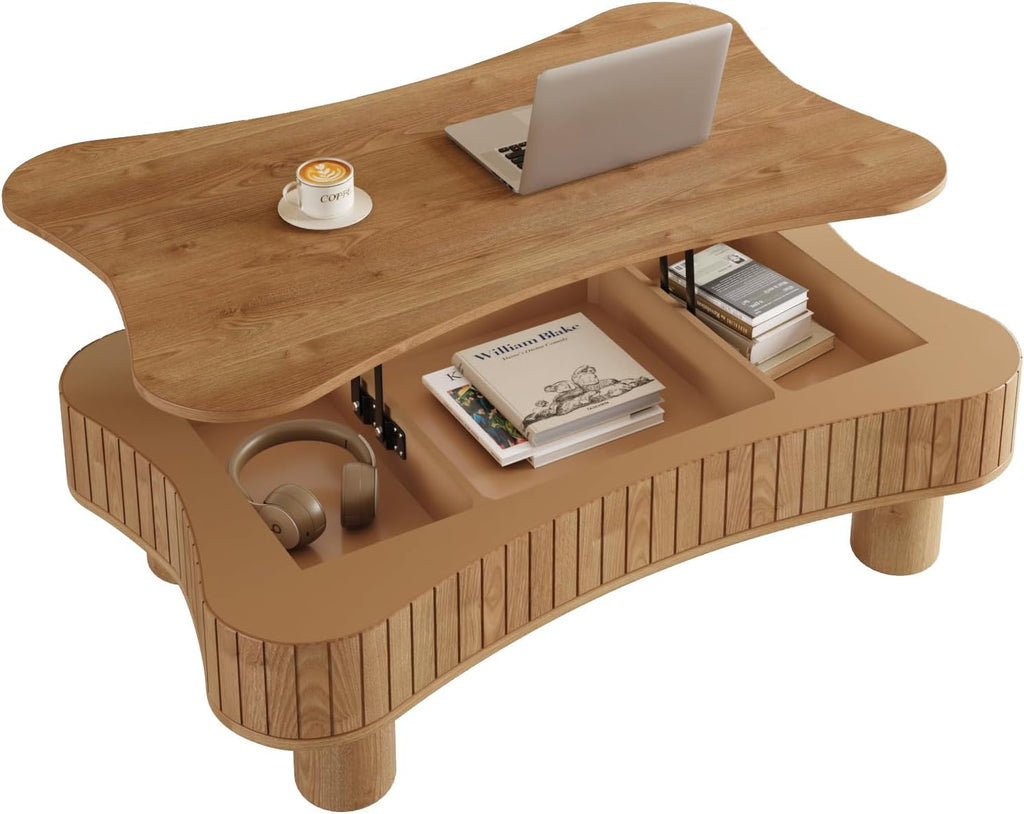 42' Cloud Fluted Lift Top Coffee Table with Hidden & Open Storage, Modern Center Table with Hydraulic Raising Mechanism, Irregular Shape Tea Table with Curved Safety Corners, Light Brown