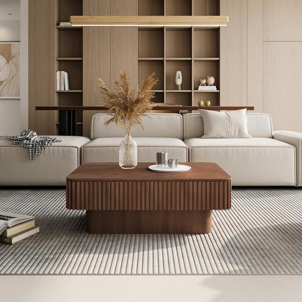 Lift Top Coffee Table with Storage for Living Room Mid Century Modern Coffee Table with Lifting Top Wood Fluted Coffee Tables with Lifts Up Tabletop for Home Apartment Office 38.6',Walnut Rectangle
