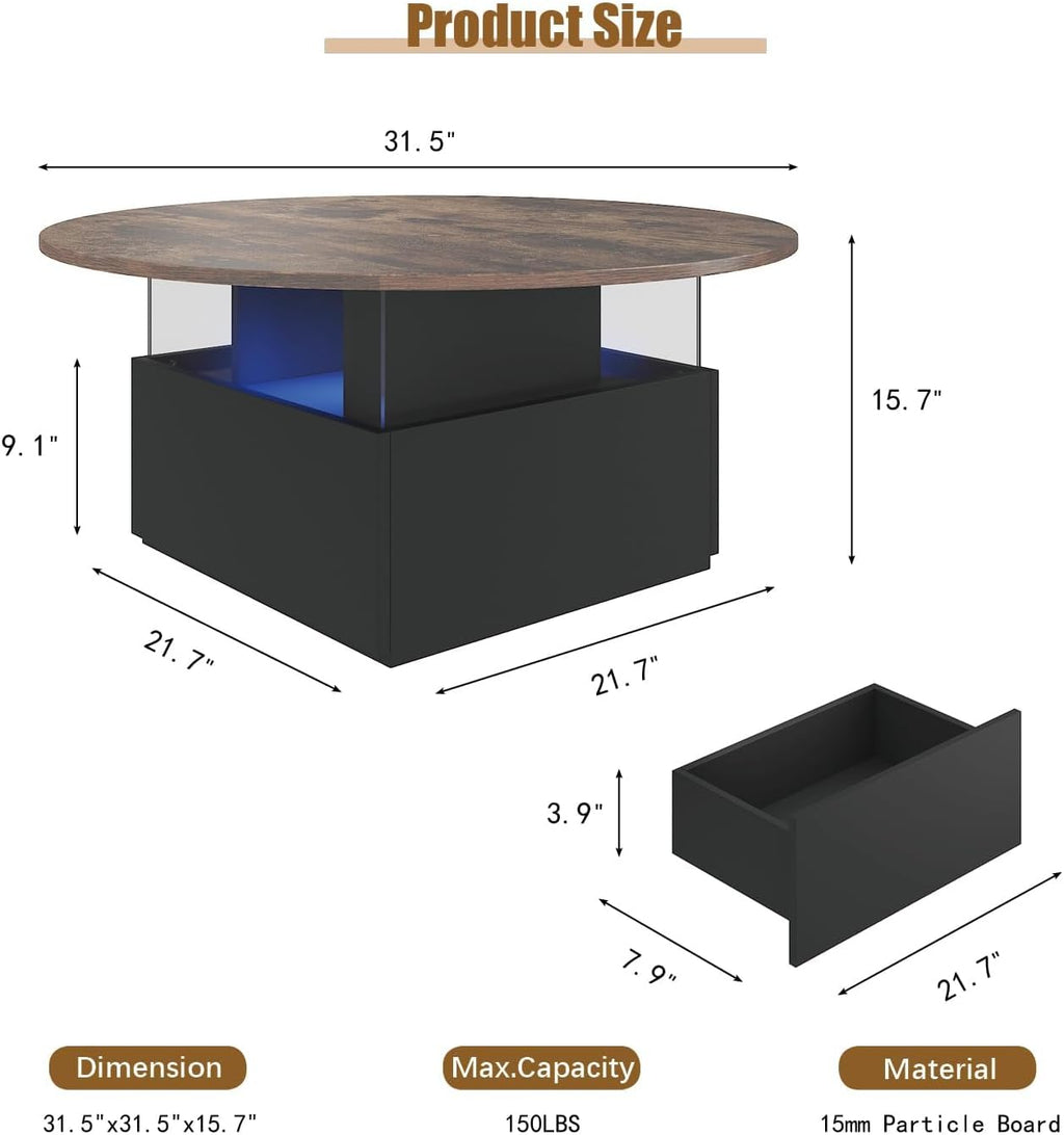 HedoAjim 31.5' Round Coffee Table for Living Room, LED Modern Living Room Table with Storage, Square Acrylic Coffee Tables with 2 Sliding Drawers, Wood Center Table for Reception Dinning Room, Rustic
