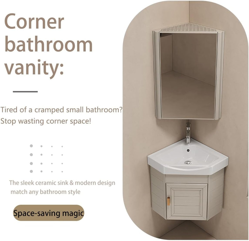 Floating Bathroom Corner Vanity with Open Shelve, Wall Mounted Design for Small Space, Bathroom and Cloakroom, Above Counter Design(White,38 x 38 cm Main Cabinet)