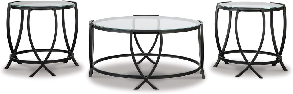 Signature Design by Ashley Tarrin Contemporary Glass Top Round 3-Piece Table Set, Includes Coffee Table and 2 End Tables, Black
