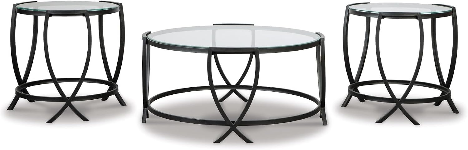 Signature Design by Ashley Tarrin Contemporary Glass Top Round 3-Piece Table Set, Includes Coffee Table and 2 End Tables, Black