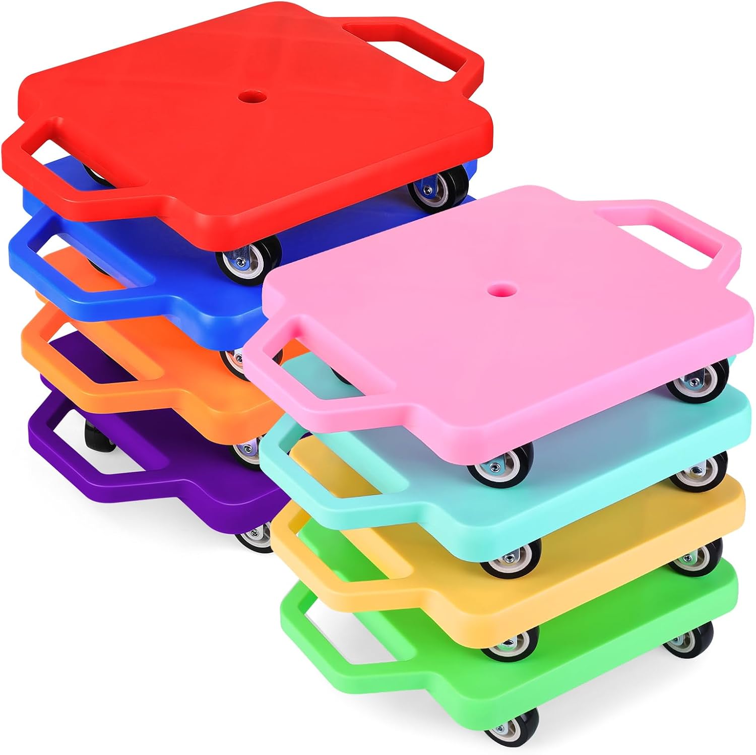 BOBOKA Sports Scooter Board with Handles, Floor Sitting Scooter Board with Non-Marring Plastic Casters for Kids Children Gym Indoor Outdoor Play, 11.22 x 11.22 inch