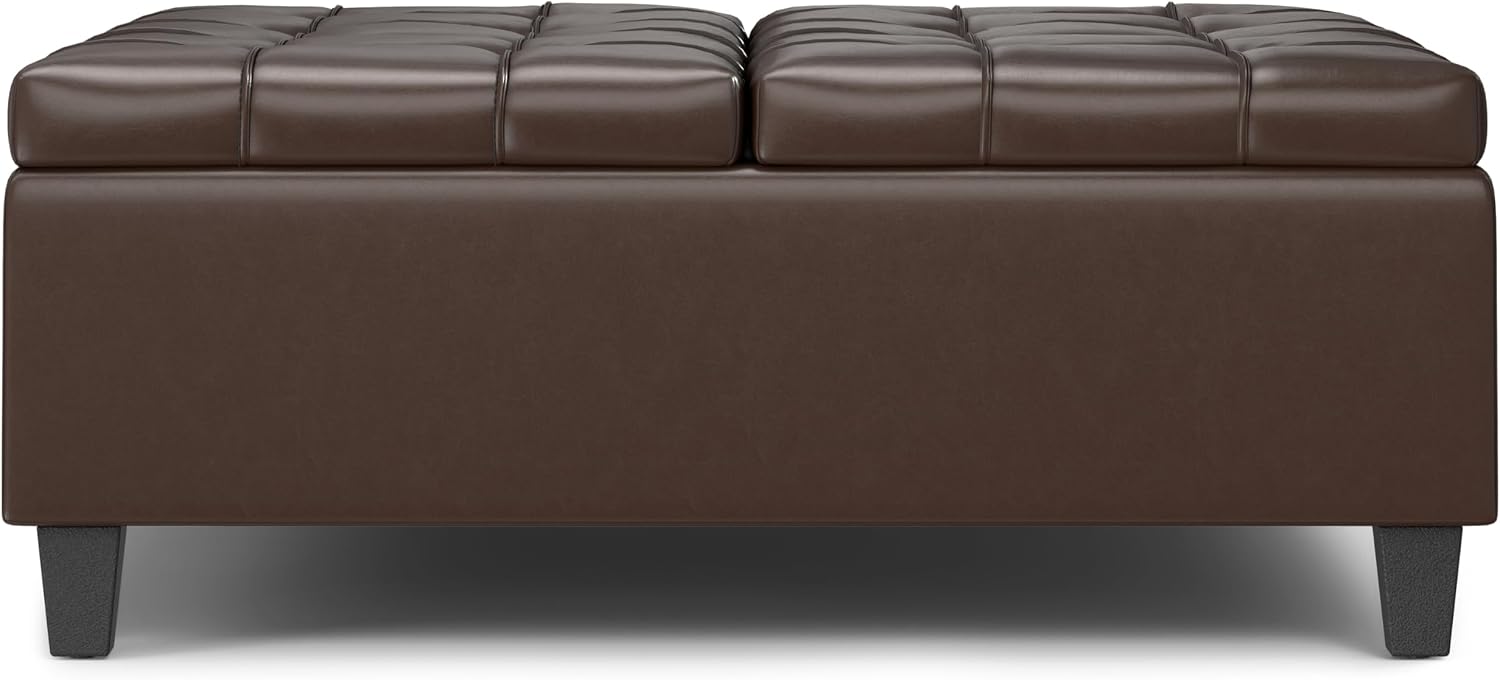 SIMPLIHOME Harrison Large Coffee Table Storage Ottoman - 40 inch Wide Upholstered Vegan Leather Square Lift-Top Ottoman in Chocolate Brown, Transitional Bench for Living Room with Sturdy Base