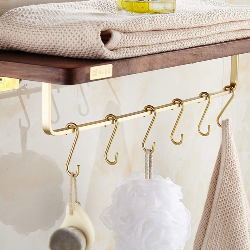 Wall Mounted Towel Racks Made of Premium Brass and Wood, Bathroom Shelf with Towel Bar Rod Hooks, Multifunction Towel Bars Hotel Style, for Bathroom Hotel