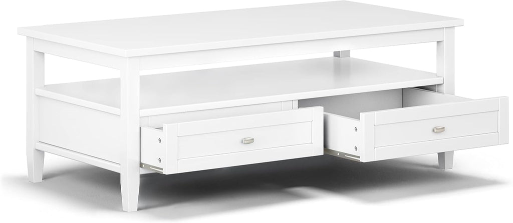 SIMPLIHOME Warm Shaker Coffee Table - 48 inch Wide Solid Wood Coffee Table in White, Transitional Living Room Table with 2 Drawers, Open Shelf, Shaker Fronts and Tapered Legs