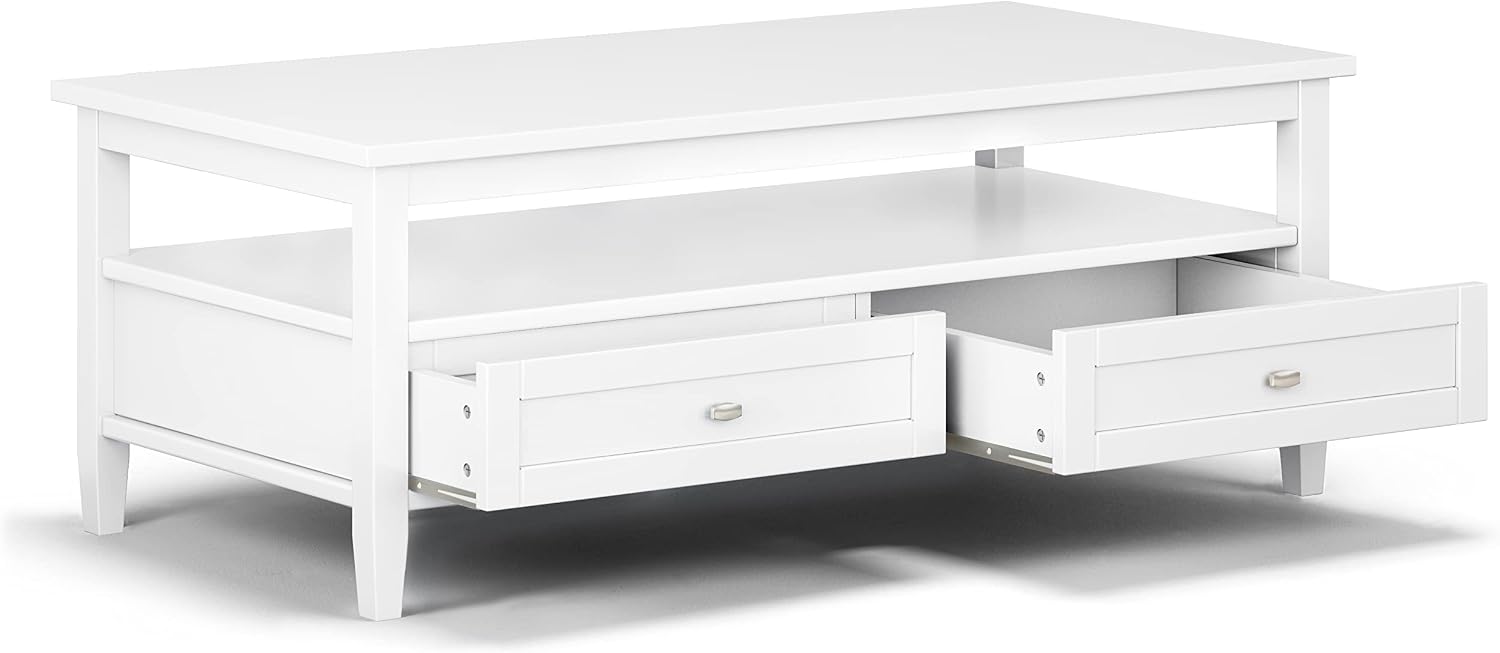 SIMPLIHOME Warm Shaker Coffee Table - 48 inch Wide Solid Wood Coffee Table in White, Transitional Living Room Table with 2 Drawers, Open Shelf, Shaker Fronts and Tapered Legs