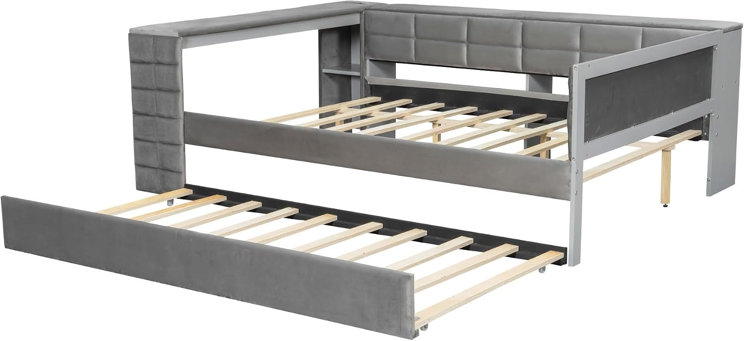 Virubi Full Size Daybed with Trundle，Corner Bed Frame with Storage Shelves, Back Cushion，Upholstered Wood Bed Frame with Charging Station for Small Space,Teen Room,Dorm and Home Office,Gray