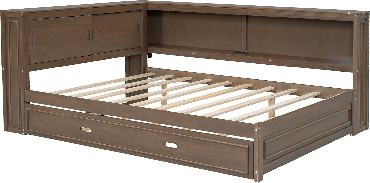 Full Size Daybed with Trundle and Storage Shelves,Antique Wood | Convertible Headboard,L-shaped Bookcase,Charging Station,LED Lights,for Kids Boys Girls Teens