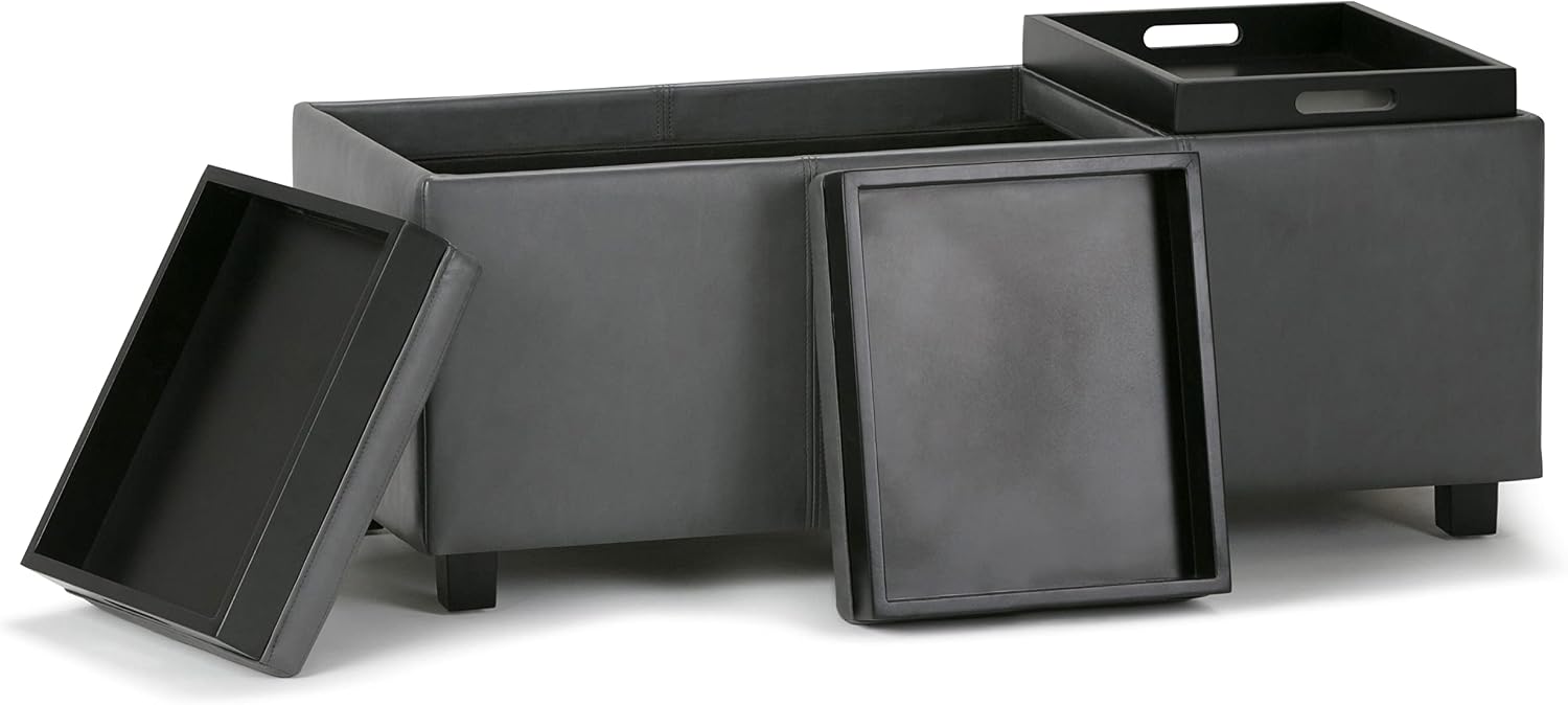 SIMPLIHOME Avalon Storage Ottoman - 42 inch Wide Upholstered Vegan Leather Rectangular Flip-Top Ottoman in Stone Grey, Contemporary Coffee Table Ottoman for Living Room with Hidden Storage