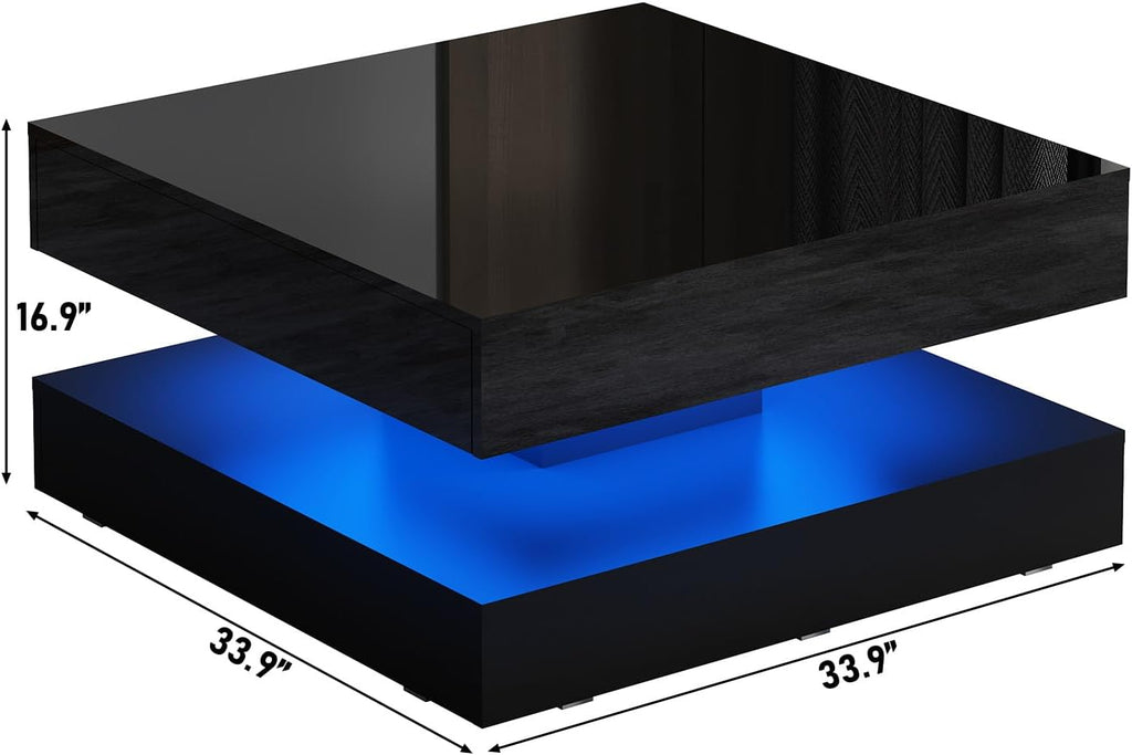 jiteentarou 33.9' LED Coffee Table with Storage, Modern High Glossy Living Room Table w/2 Drawers,Double-Layer Design Large Square Center Table for Living Room, Home, Office, Black