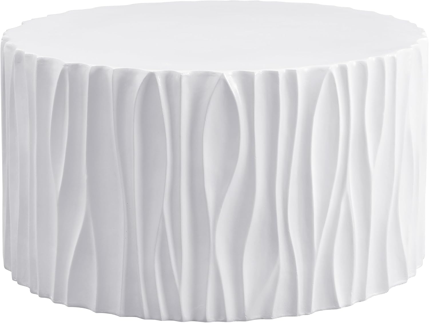 WILLIAMSPACE 26.77' Round Coffee Table with Wavy Fluted for Indoor & Outdoor, Modern Travertine Drum Center Table for Living Room, Faux Marble Stone Tea Table, Magnesium Oxide, No Assembly, White