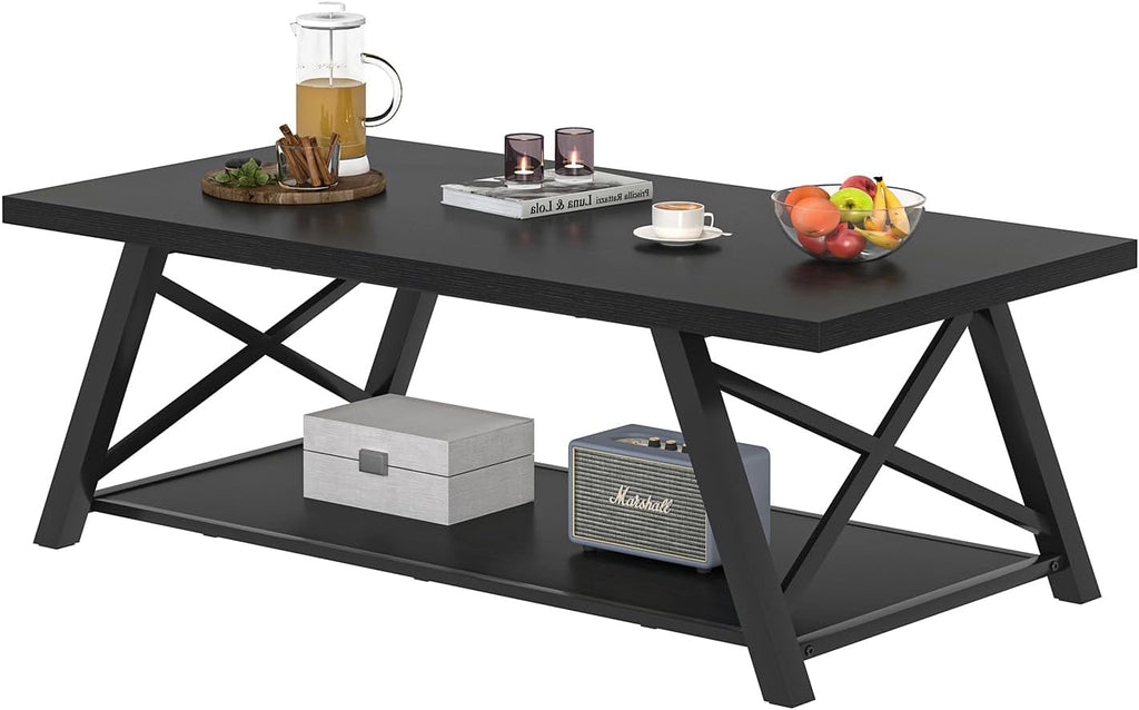 EXCEFUR Black Coffee Table, Modern Wood and Metal Center Table with Storage Shelf, Industrial Rectangle Cocktail Tea Table for Living Room, 47 Inch