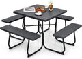 Tangkula 8 Person Picnic Table, Outdoor Square Picnic Table with 4 Built-in Benches, Umbrella Hole, Metal Frame & HDPE Tabletop, Outside Table and Bench Set for Backyard, 2300lbs Weight Capacity