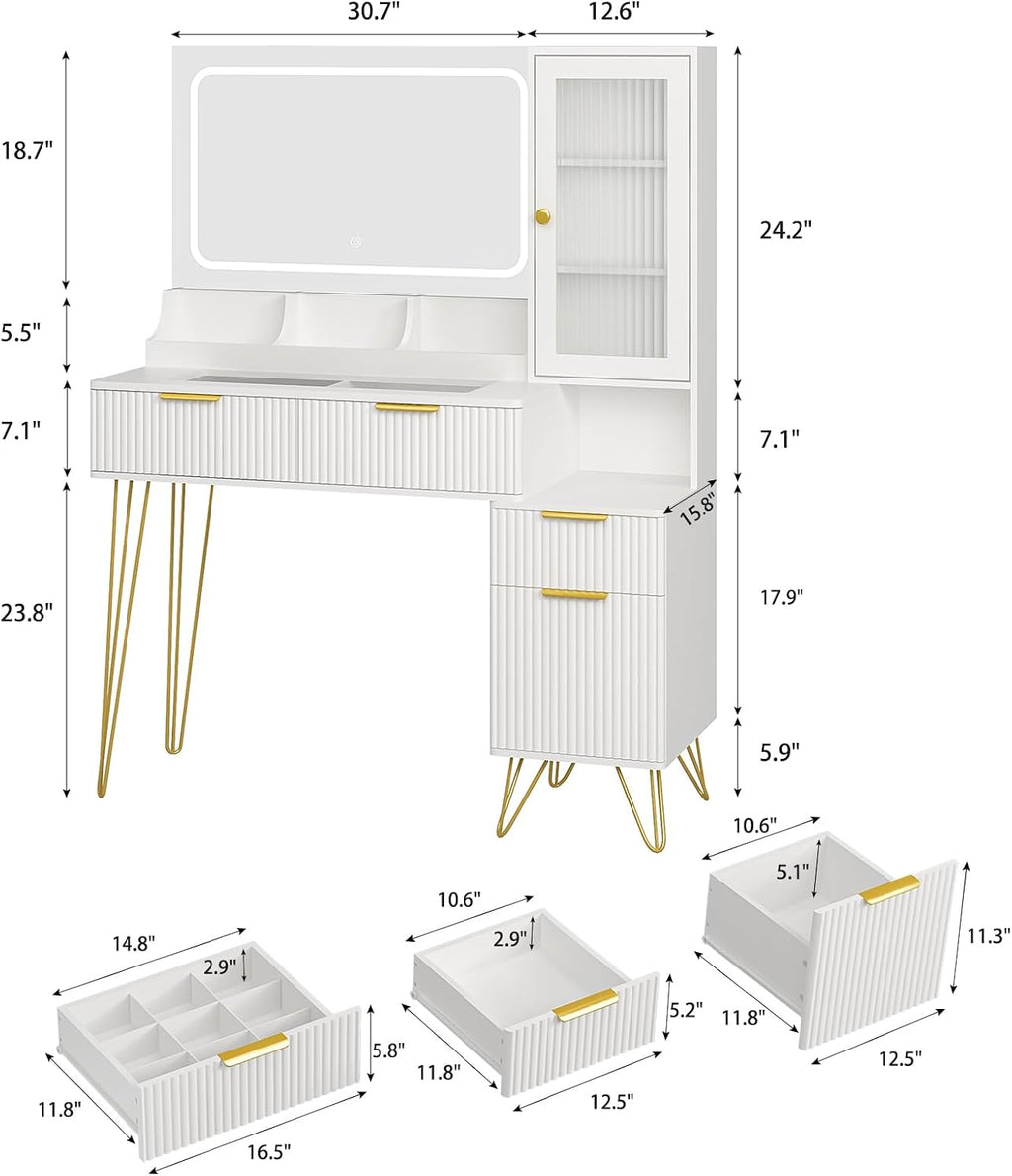 43' Vanity Desk with Mirror and Lights, Makeup Vanity Table with 4 Drawers, White Dressing Table for Bedroom, Fluted Makeup Desk with Modern Glass Top, 3 Lighting Modes Adjustable Brightness