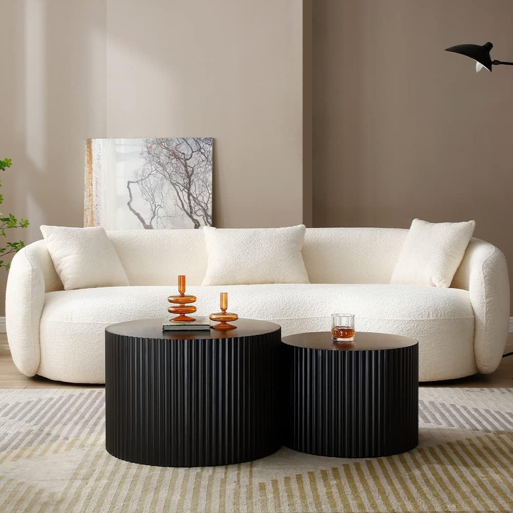 JUSTONE 2-Piece Nesting Coffee Tables Set - Modern Drum End Tables for Small Spaces, Black Round Accent Furniture for Living Room & Apartments (15.75' H)
