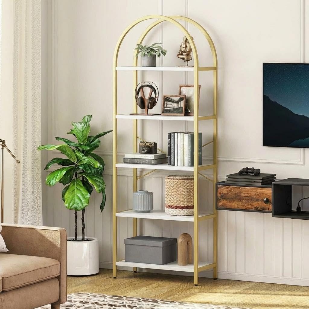 Takywep Bookshelf, Arched Bookcase with Metal Frame 5 Tiers Bookshelf Industrial Arched Cabinet Display Shelf Floorstanding Storage Shelving Unit for Bedroom Living Room Home Office, White and Gold
