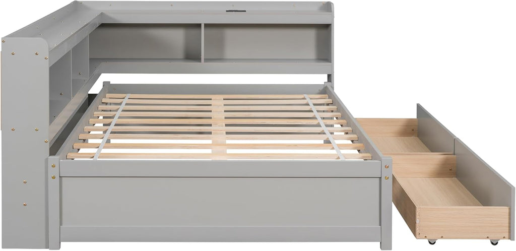 JIJIWANG Full Size Daybed with Storage Drawers and Shelves,Wood Corner Bed with USB Charging Ports and Power Outlets,L-Shaped and Bookcase,for Living Room,Bedroom,Grey