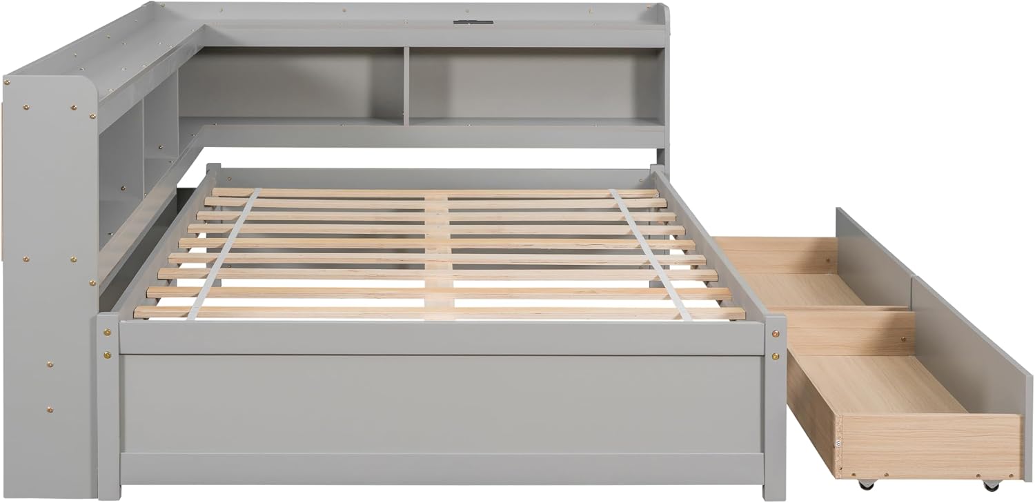 JIJIWANG Full Size Daybed with Storage Drawers and Shelves,Wood Corner Bed with USB Charging Ports and Power Outlets,L-Shaped and Bookcase,for Living Room,Bedroom,Grey