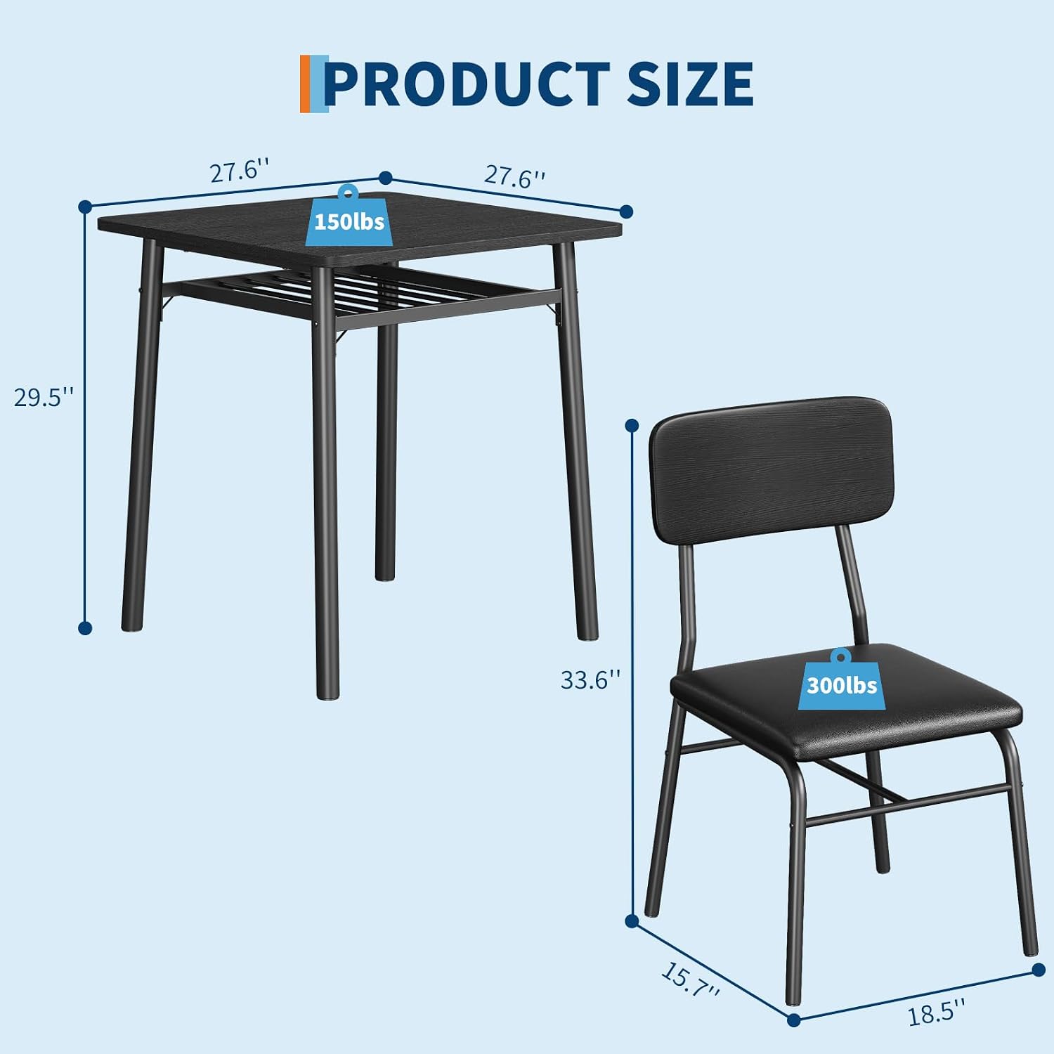 GarveeHome Dining Table for 2 with Storage Rack, Small Kitchen Table for 2 with Metal Frame, Square Table with Upholstered Chairs Set of 2, 3-Piece Dining Room Set for Small Space, Apartment, Black
