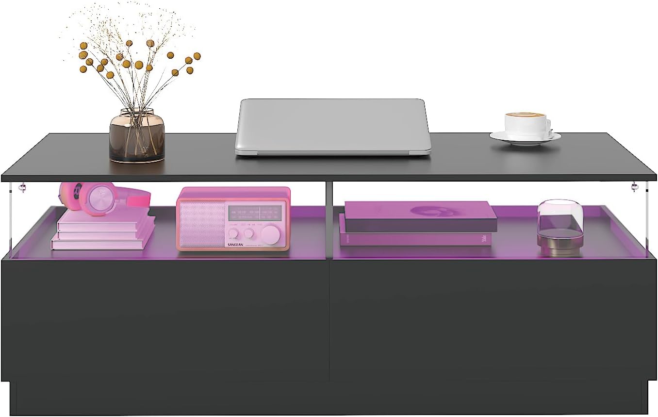 HedoAjim Rectangular Coffee Tables with Storages, Modern Black Coffee Table for Living Room, Rectangular Coffee Tables and 2 Spacious Drawers, Coffee Table with LED Light