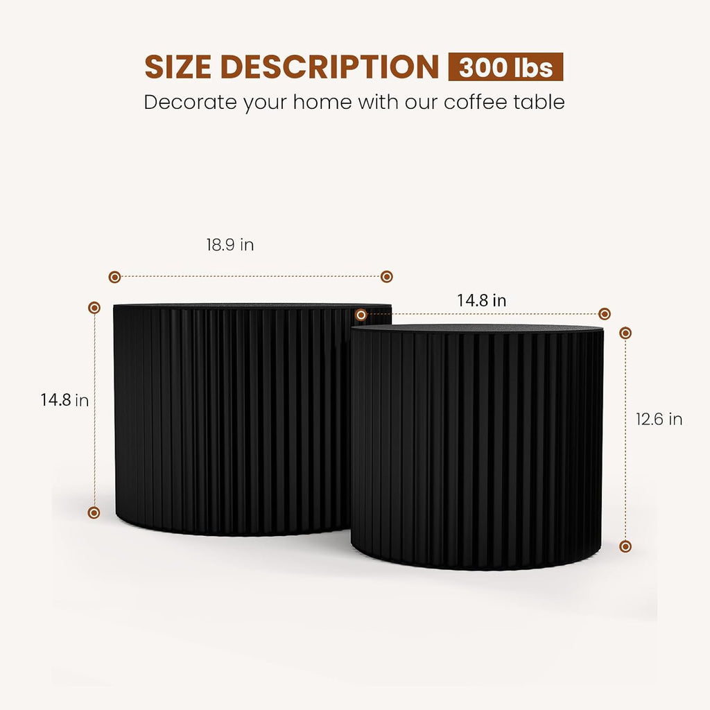 Round Wood Coffee Table Set of 2 Modern Round Fluted Nesting Coffee Tables Handcrafted Wooden Circle Nesting Table for Living Room for Small Space (Black (D18.9+D14.8 inch))