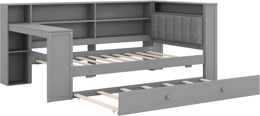 LUMISOL Twin Size Corner Bed with Desk, Storage Bookcase, Charging Station and LED Lights, Solid Wood Daybed Frame with Trundle and Upholstered Headboard for Kids Teens Adults, Gray