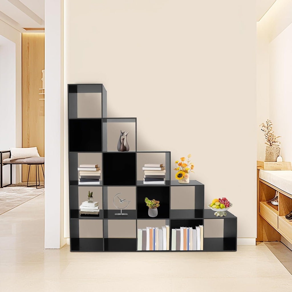 15 Cube L-Shaped Storage Bookcase, 5 Tier Stepped Ladder Cube Shelf for Corner, 57.48' Tall Open Bookshelf, Under Stairs Storage Organizer for Living Room, Home Office, Bedroom (Black, 15 cubes)