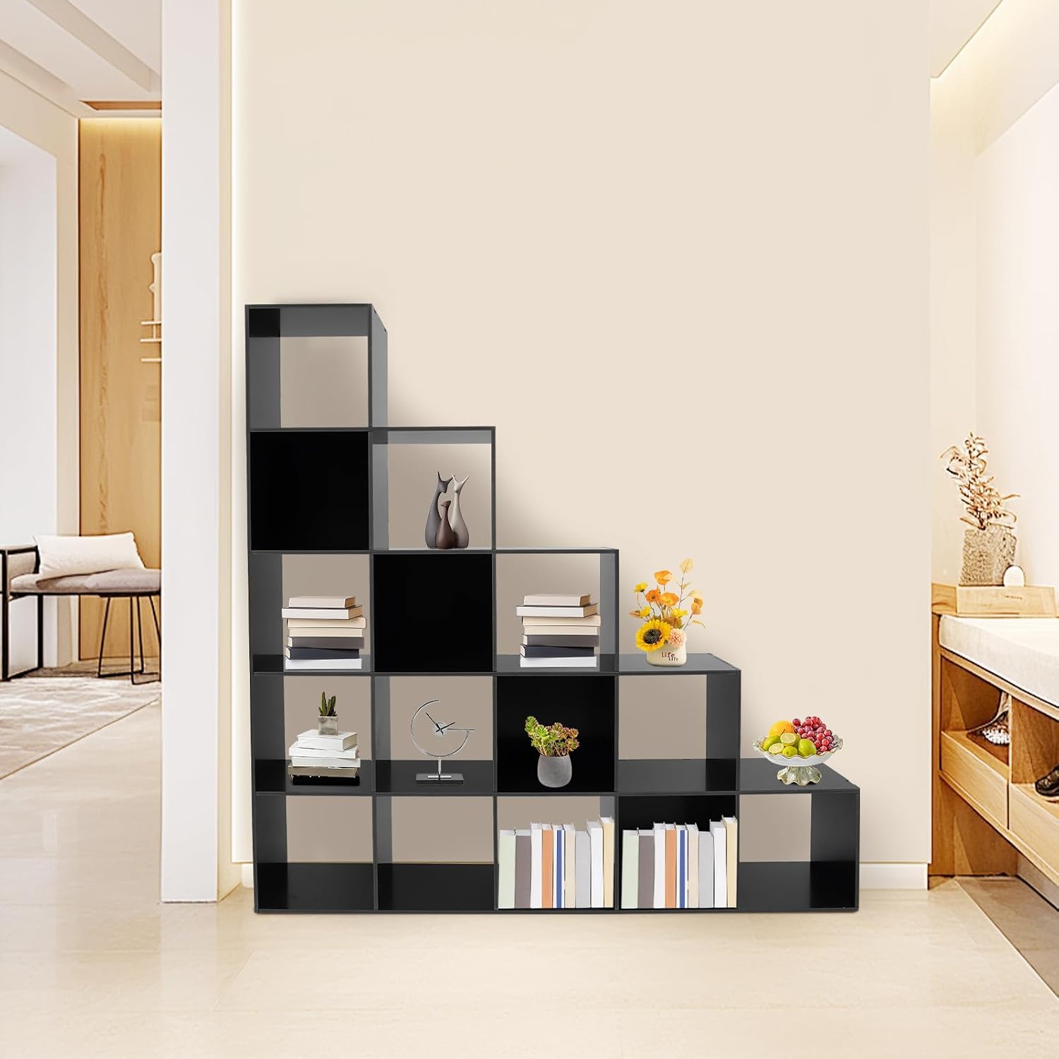 15 Cube L-Shaped Storage Bookcase, 5 Tier Stepped Ladder Cube Shelf for Corner, 57.48' Tall Open Bookshelf, Under Stairs Storage Organizer for Living Room, Home Office, Bedroom (Black, 15 cubes)