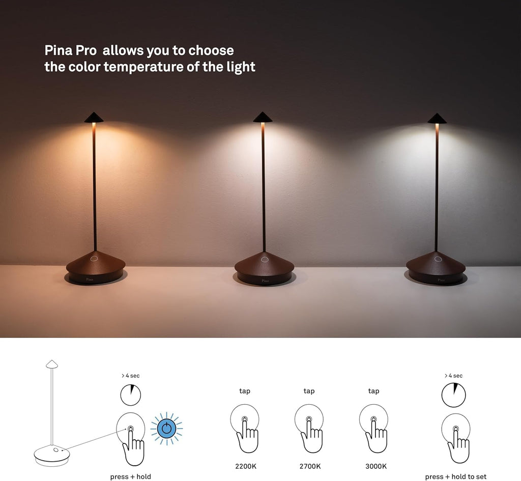 Zafferano, Pina Pro Lamp, Rechargeable Cordless Table Lamp with Touch Controls, Suitable for Indoor and Outdoor, Dimmer, 2200-3000 K, Height 11.4 Inches, Sage Color