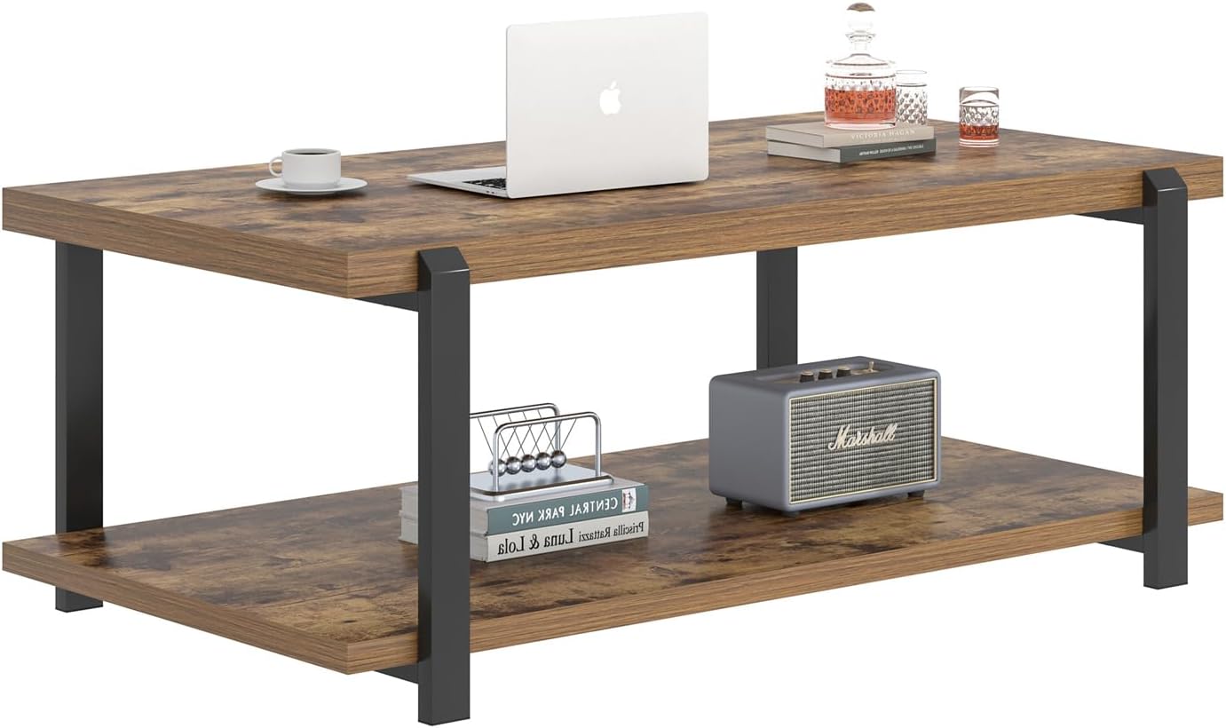 FOLUBAN Modern Coffee Table, Rustic Wood Center Table with Storage for Living Room, Industrial Rectangle 2 Tier Low Cocktail Tea Table, Rustic Brown