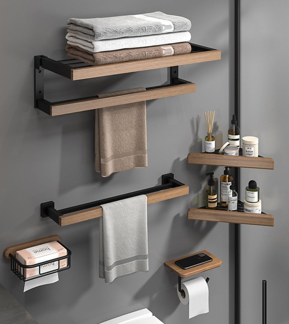 Bathroom Hardware Set Black Wood Bath Accessories Wall Mounted Towel Rack Towel Bar Toilet Brush Towel Hooks Paper Holder,D
