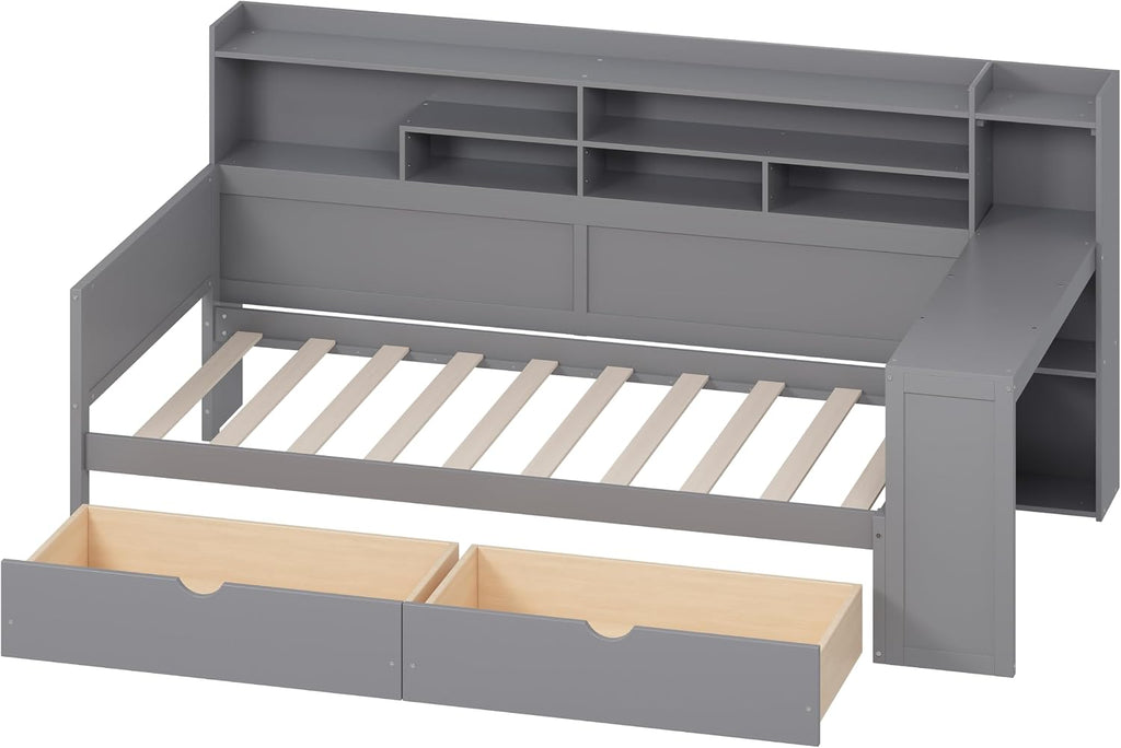 Wooden Twin Size Daybed with Storage Drawers and Shelves Corner Bed Frame with Desk - Grey