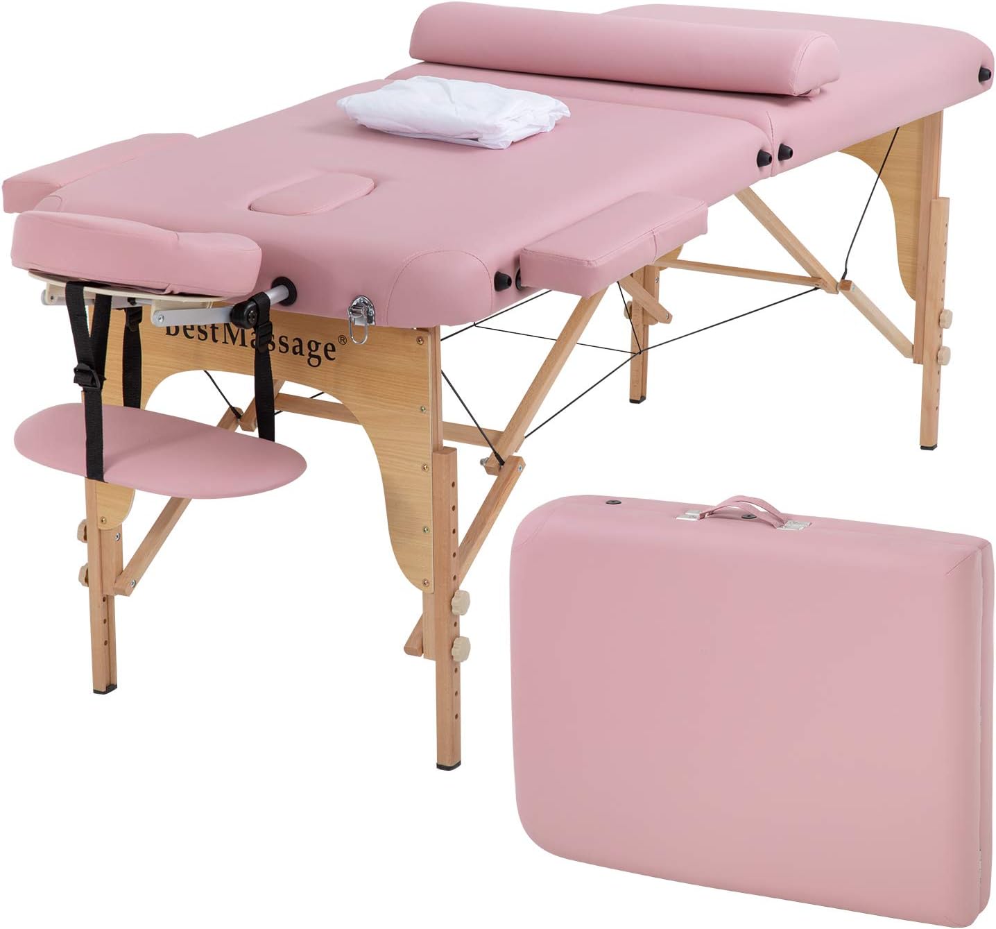 BestMassage Massage Bed Portable Massage Table 28 inch Wide Lash Bed Height Adjustable 2 Folding PU Leather with Towel Hanger Oil Pouch Half Bolster Round Bolster Non-Woven Bag