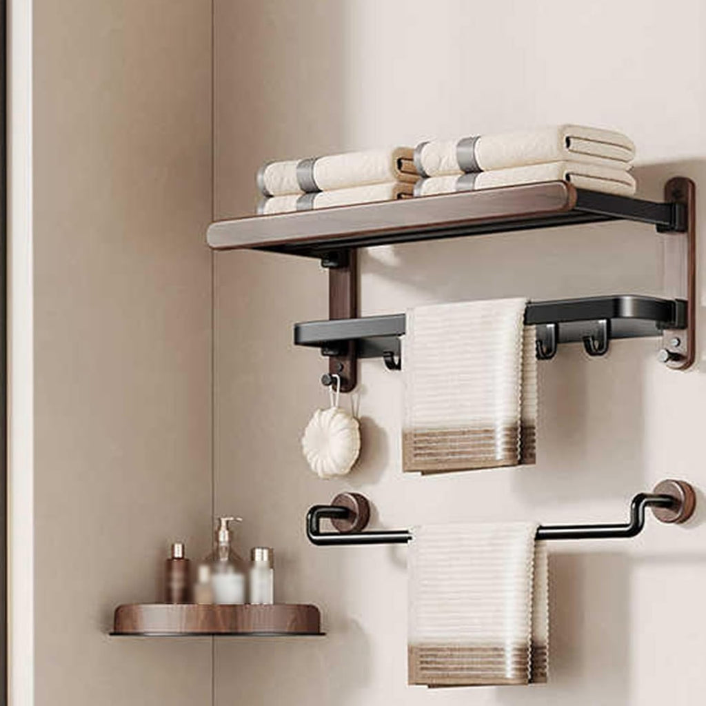 Wall Mounted Towel Rack,Over Toilet Storage with Towel Bar,Space Aluminum+Wood,Double-Folding Design,for Livingroom Bathroom(L-60cm)