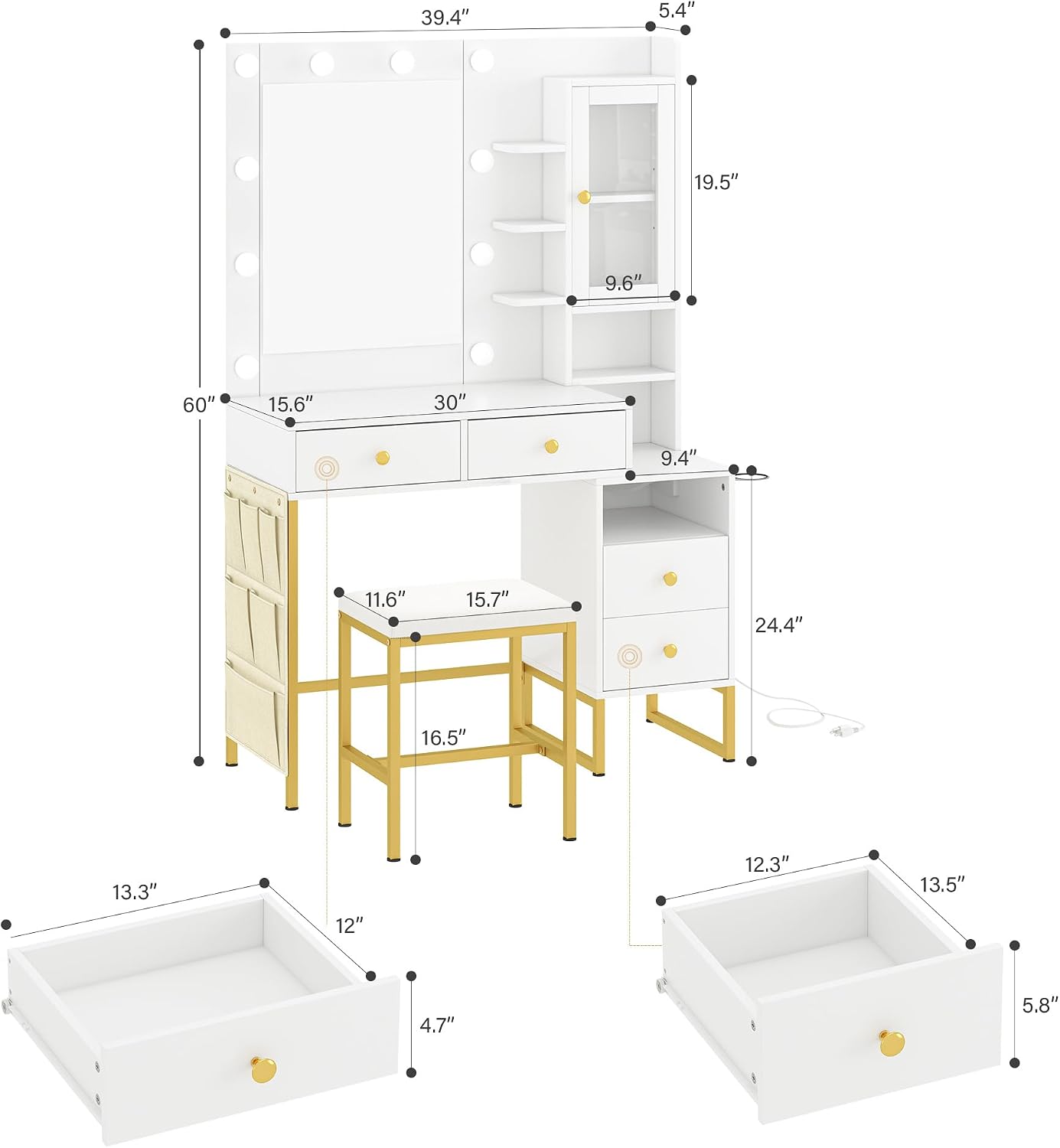 NUNU LAB Morden Makeup Vanity Desk with Mirror, Bedroom Dressing Table Set with Storage Shelf and 5 Drawers, Large Vanity Table with 10 LED Lights for Women, Girls, Teens