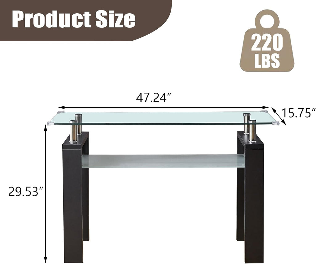 47' Glass 2-Tier Console Table, Modern Rectangle Sofa Table with Metal Frame and Tempered Glass Shelf, Accent Narrow Table for Entryway Living Room, Bedroom