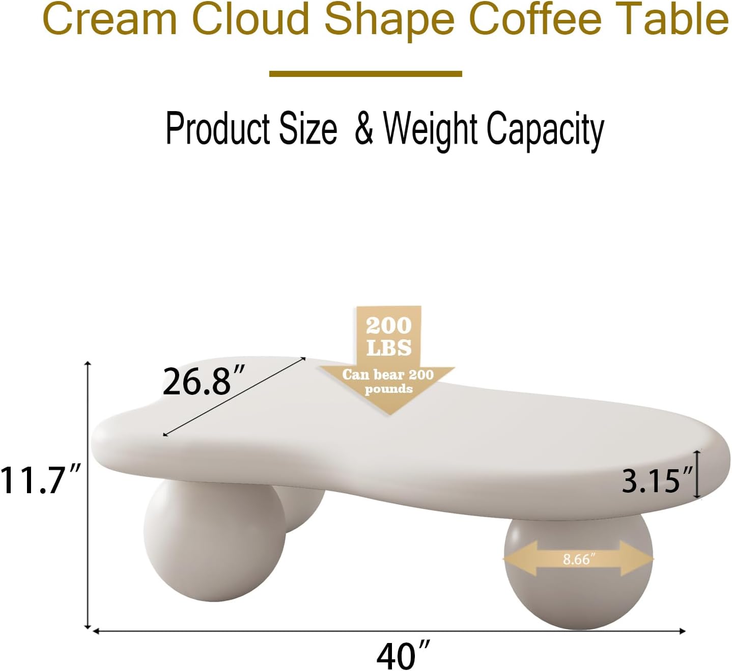 40' Irregular Cloud Coffee Table Asymmetrical Tea Table Low Coffee Table Unique Center Tables with 3 Ball Legs for Living Room Office Apartment Modern Furniture Cream White