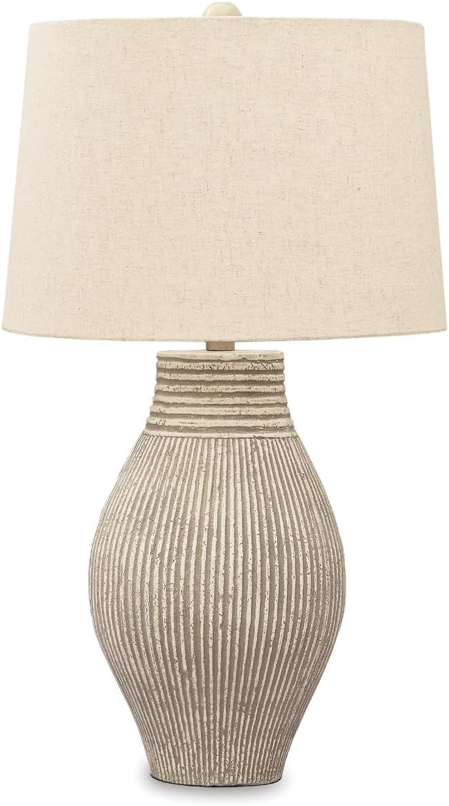 Signature Design by Ashley Layal Modern Table Lamp, Textured Paper Composite Base, Modified Drum Shade, 3-Way Switch Lighting for Living Room or Bedroom, 16 Inch Diameter, Beige