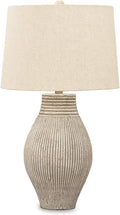 Signature Design by Ashley Layal Modern Table Lamp, Textured Paper Composite Base, Modified Drum Shade, 3-Way Switch Lighting for Living Room or Bedroom, 16 Inch Diameter, Beige