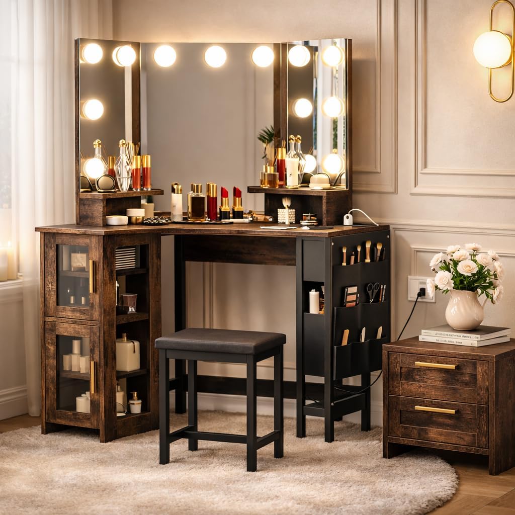 IDEALHOUSE Vanity Desk with Mirror and Lights, 3-Fold Vanity Mirror with Lights Makeup Vanity with Charging Station, Corner Vanity with Acrylic Door Cabinet, Hanging Storage Bag & Stool, Tigerwood