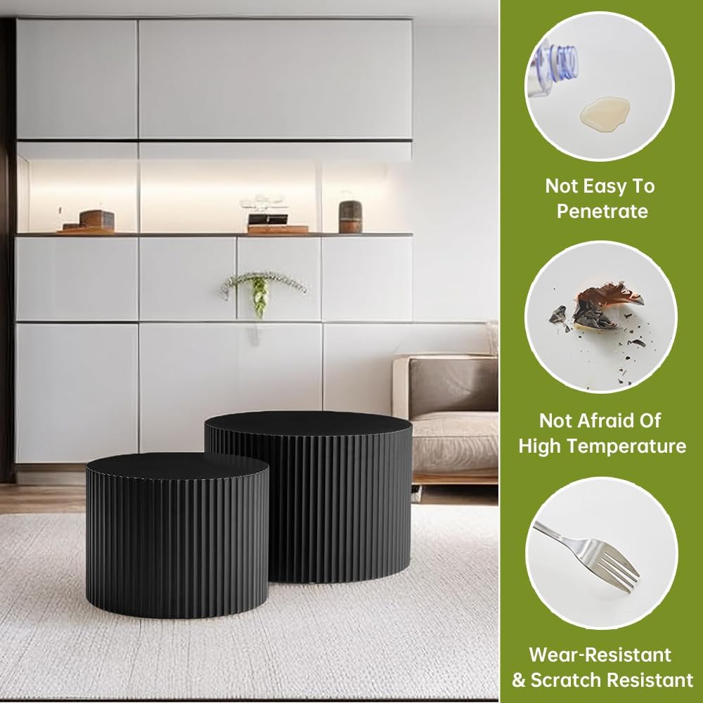 Round Nesting Coffee Table Modern Fluted Coffee Table Set of 2 Stripe Round Coffee Tables Circle Drum Coffee Tables Side Table Accent End Table for Living Room (Black Small)