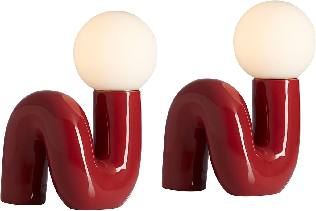 360 Lighting Fondant 11 1/2' Small Mid Century Modern Accent Table Lamps Set of 2 Velvet Red Ceramic Glass White Shade Living Room Bedroom Bedside Nightstand House Office Home Reading