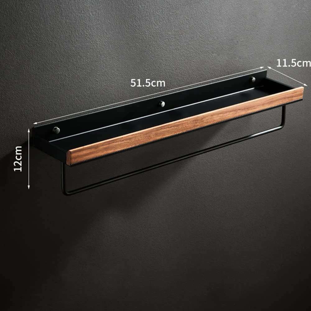 Shower Caddy Solid Wood Shower Caddy Shelf Organizer Towel Bar, Bathroom Wall Mounted Cosmetic Storage Rack Bathroom Organizer，Black 50cm with Rod