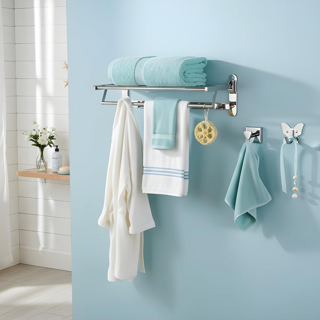 Roshan Handcrafted and Hand Polished Multi Purpose Towel Rack, Rust Proof and Peel Resistant Towel Shelf, Includes 2 Handmade Hooks (6-Piece Silver)