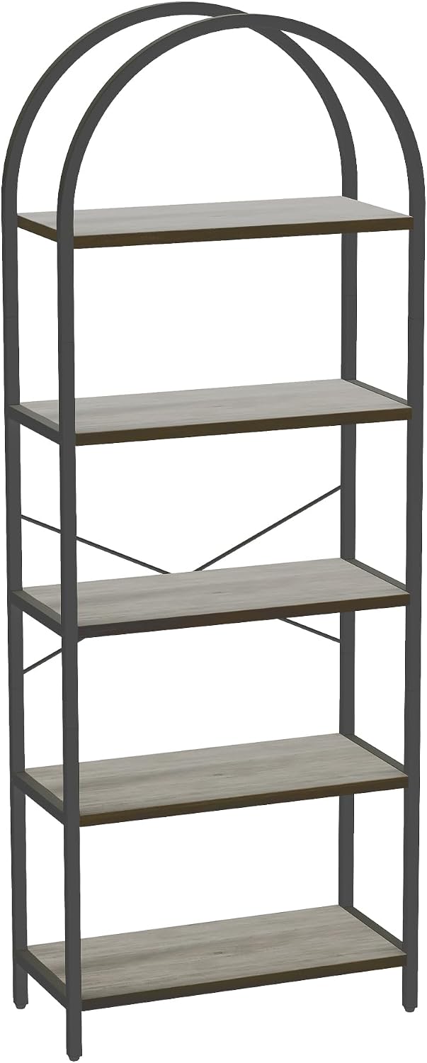 Takywep Bookshelf, Arched Bookcase with Metal Frame 5 Tiers Bookshelf Industrial Arched Cabinet Display Shelf Floorstanding Storage Shelving Unit for Bedroom, Living Room and Home Office, Gray
