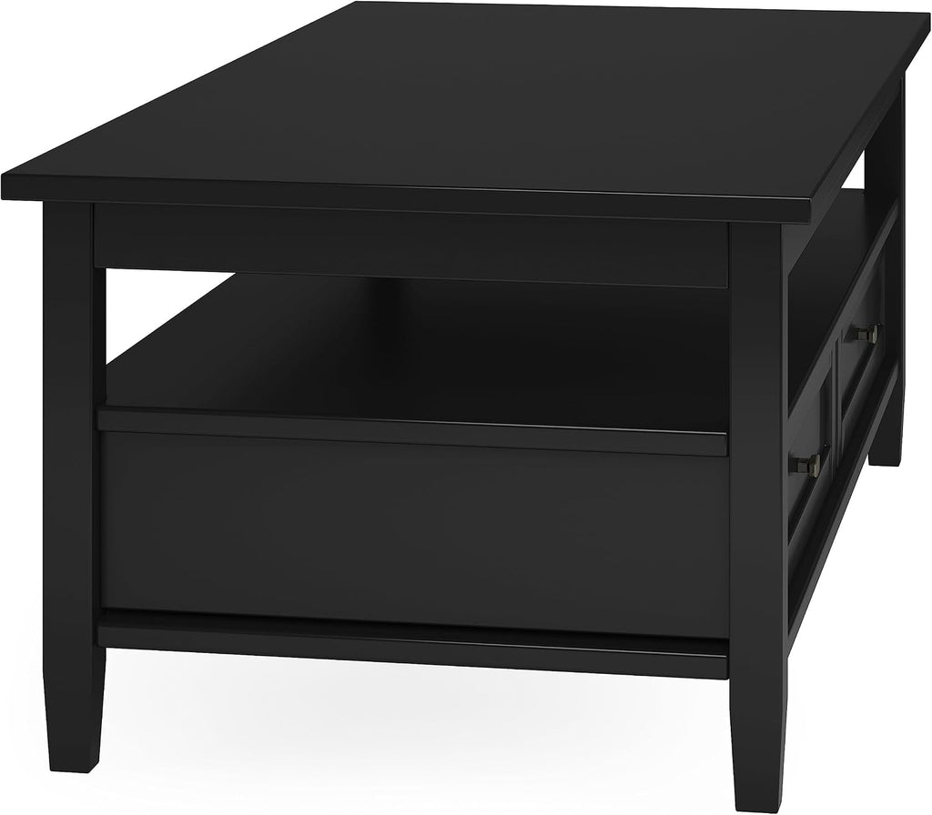 SIMPLIHOME Warm Shaker Coffee Table - 48 inch Wide Solid Wood Coffee Table in Black, Transitional Living Room Table with 2 Drawers, Open Shelf, Shaker Fronts and Tapered Legs