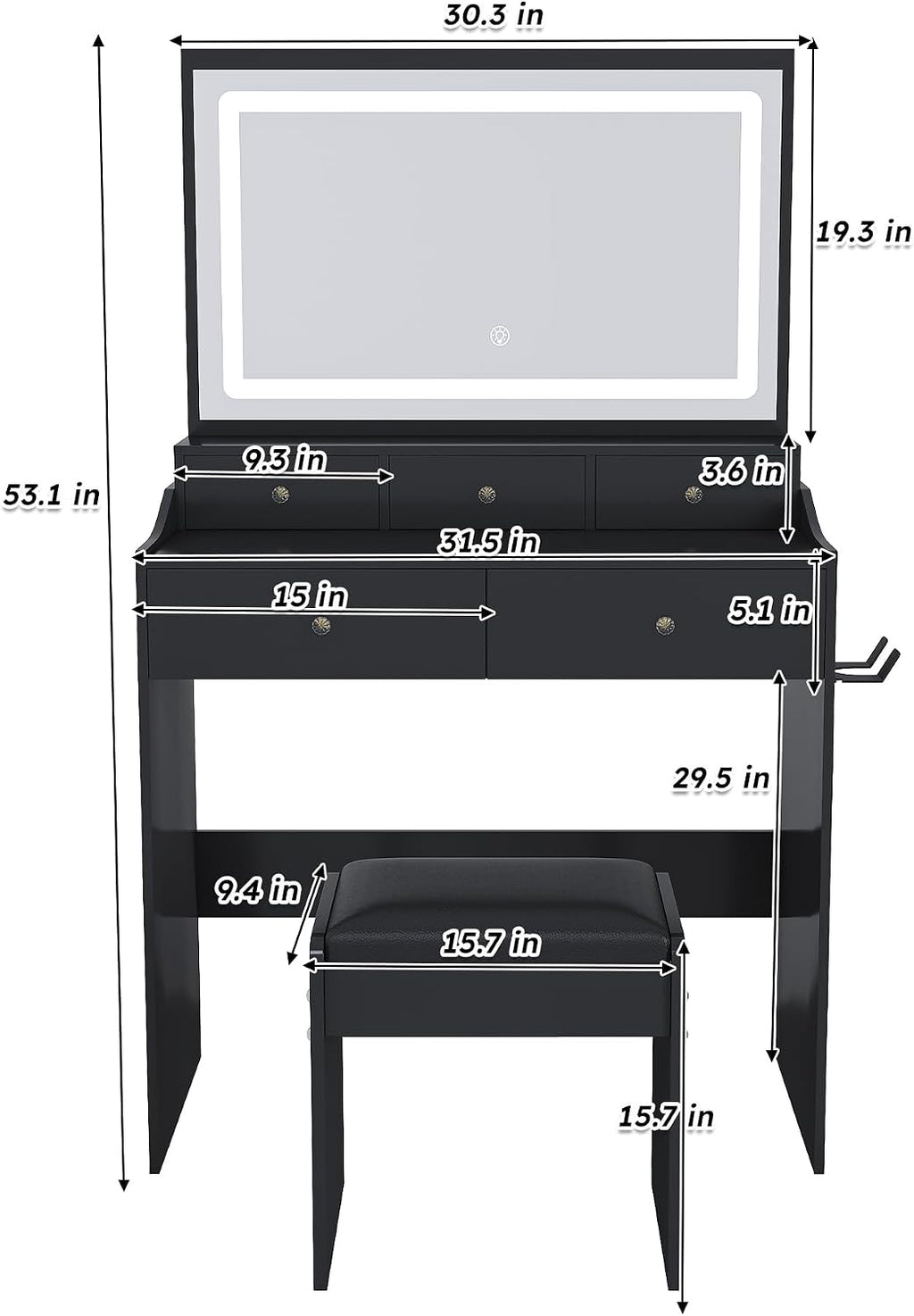 Vanity Desk with LED Light Mirror, Storage Makeup Vanity Table with Stool, 5 Drawers, Hairdryer Holder, Power Outlet, 3 Adjustable Lighting Colors, Dressing Table and Chair for Bedroom, Black